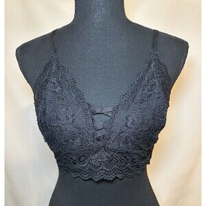 Fornia Floral Black Lace‎ Bralette Strappy Back Sexy Romantic Women's LARGE